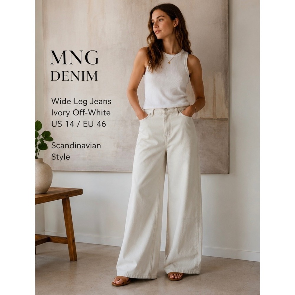 MNG Mango Wide Leg Jeans Women's 14 Ivory High Rise Minimalist Off White EU 46